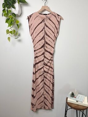YFB Tie Dye Maxi Dress Ruched Bodycon Stretch Sleeveless Back Slit Pink Fitted M